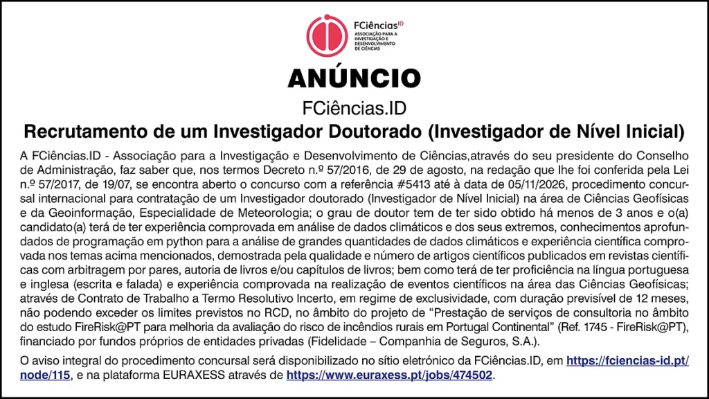 Recrutamento internacional para investigador doutorado na área de ciências geofísicas