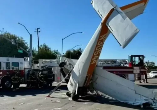 Avião de pequeno porte colide com poste e despenca em avenida na califórnia