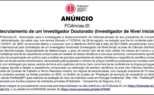 Recrutamento internacional para investigador doutorado na área de ciências geofísicas